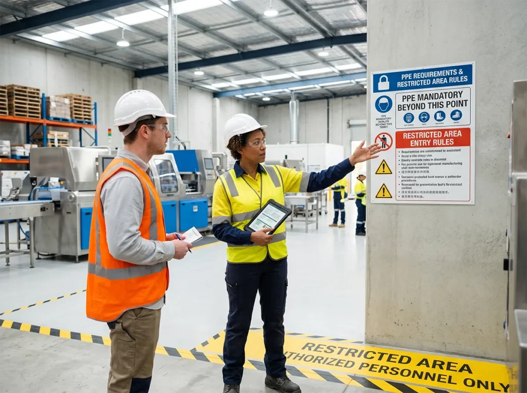 Supervisor explaining PPE and restricted areas to a labour hire worker in South-East Melbourne.