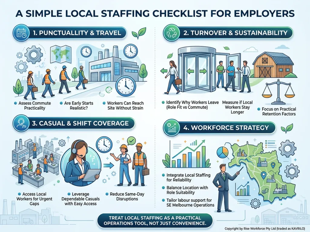 An infographic presenting a simple local staffing checklist for employers in warehouse, factory, and food production settings, focusing on punctuality, turnover, casual coverage, and workforce strategy in South-East Melbourne.