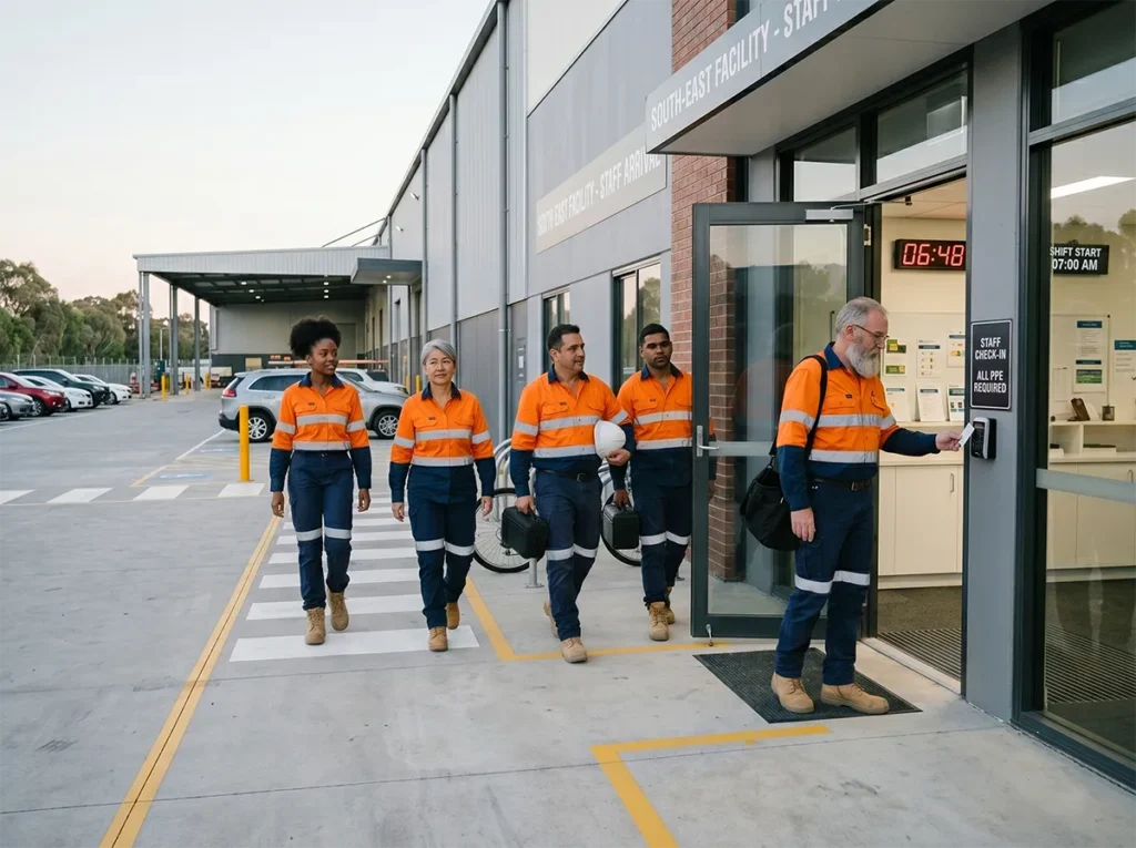 Workers arriving prepared for shift in South-East Melbourne.