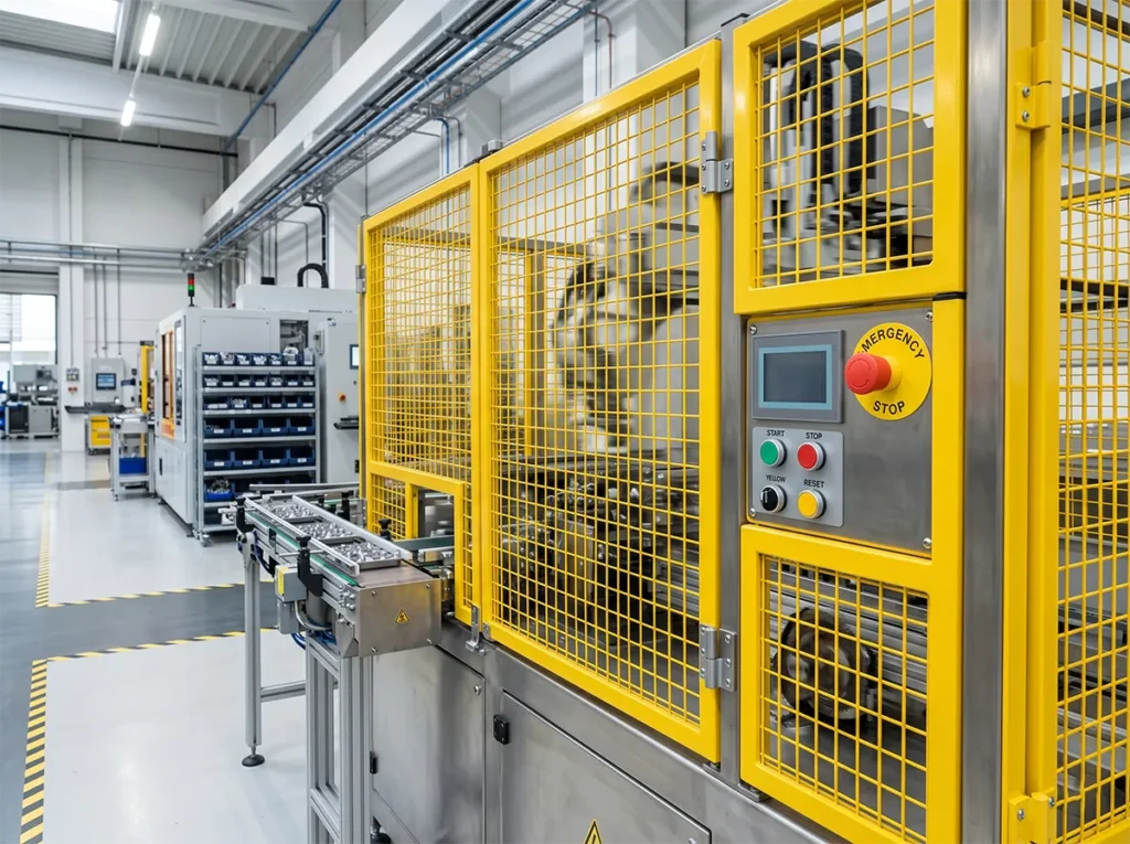 Yellow machine guarding and emergency stop controls on manufacturing equipment.