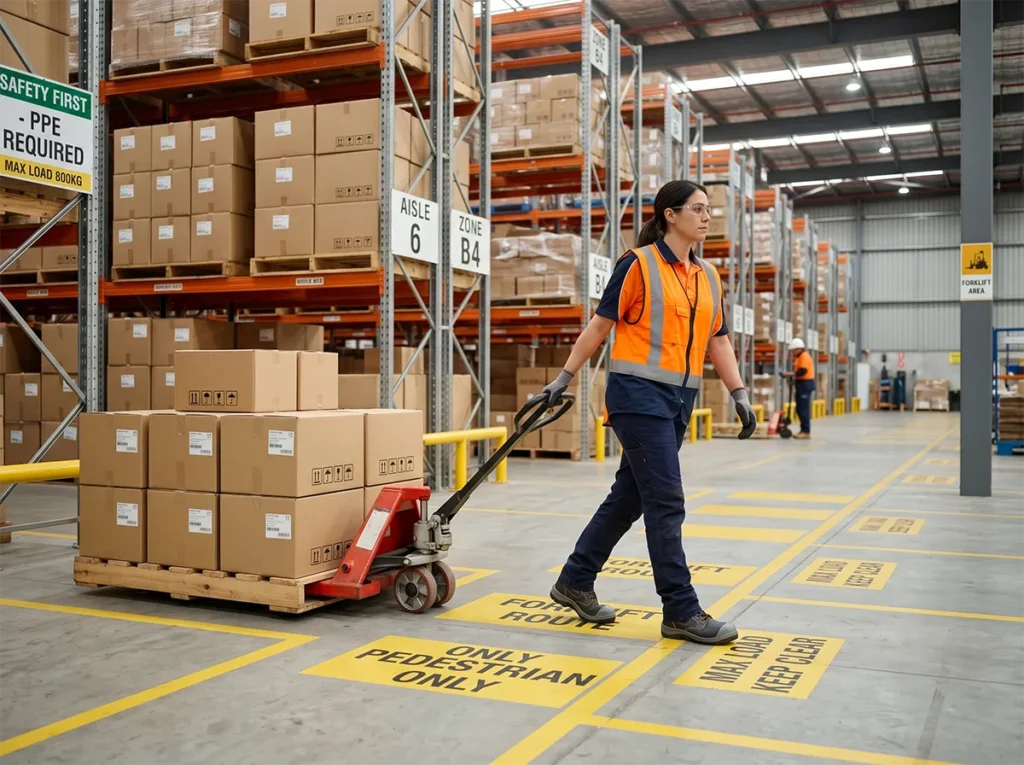 Worker using a pallet jack or mechanical aid safely in a South-East Melbourne warehouse.