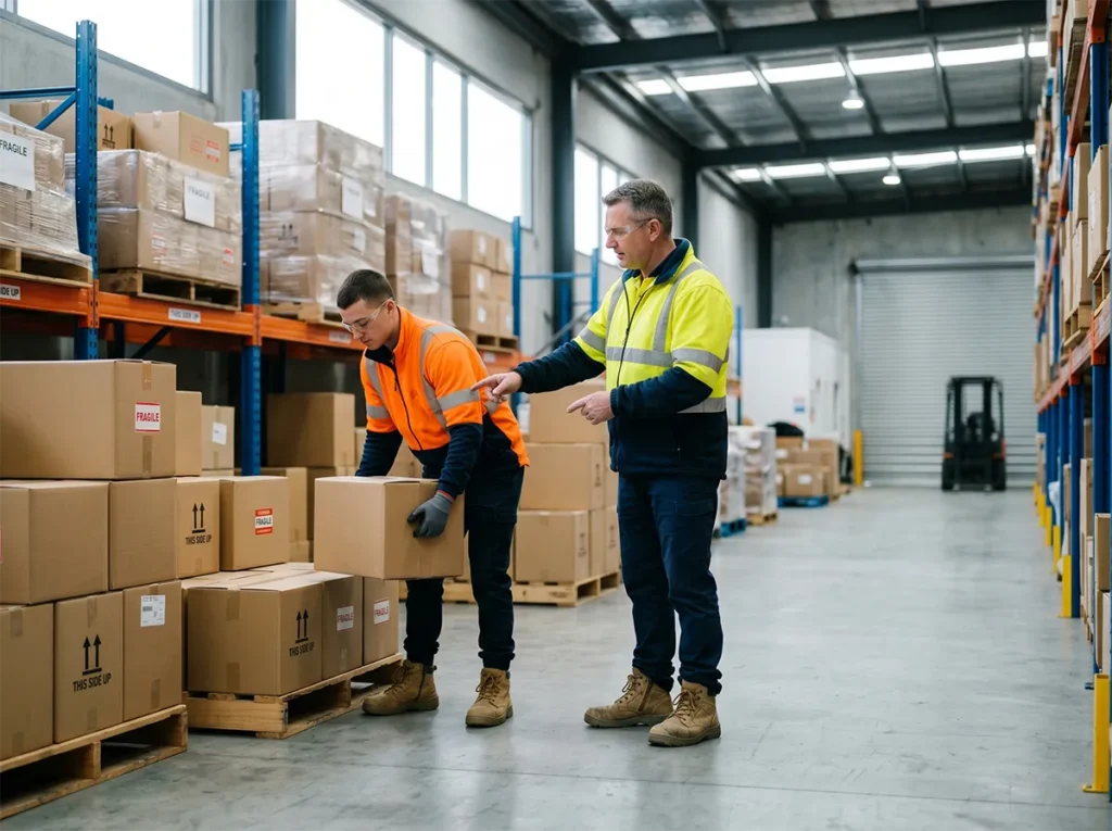 Supervisor guiding a worker through safer manual handling in South-East Melbourne.