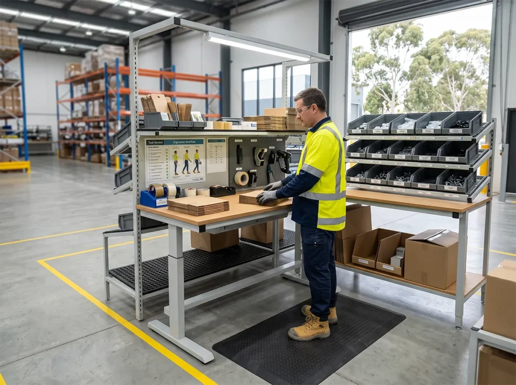 Workers performing manual handling tasks safely in a warehouse or factory in South-East Melbourne.