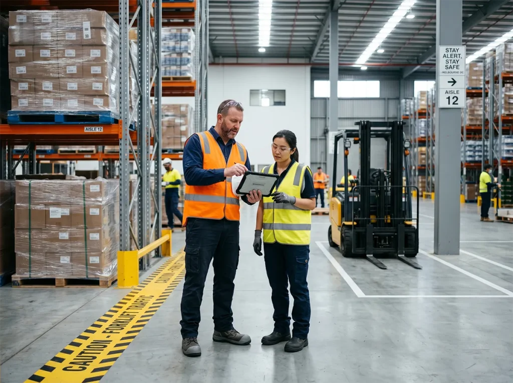 Supervisor reviewing a near miss follow-up in a warehouse or factory in South-East Melbourne.