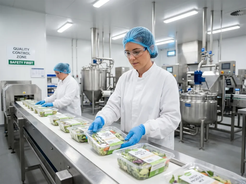 Food production worker checking packed products carefully on a line in South-East Melbourne.