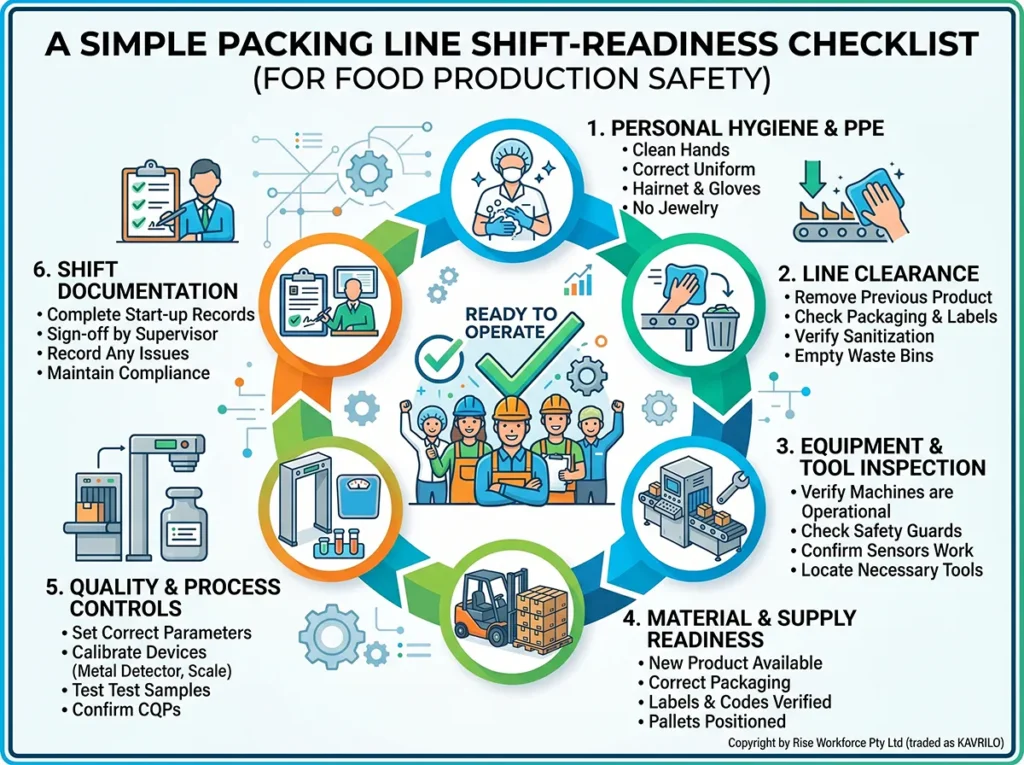 A professional infographic summarizing the Kavrilo 'A Simple Packing Line Shift-Readiness Checklist' for food production settings. It details key steps like pre-shift preparation, line clearance, equipment validation, and operational monitoring with safety icons. Created by Rise Workforce Pty Ltd (traded as KAVRILO) and available at kavrilo.com.au.