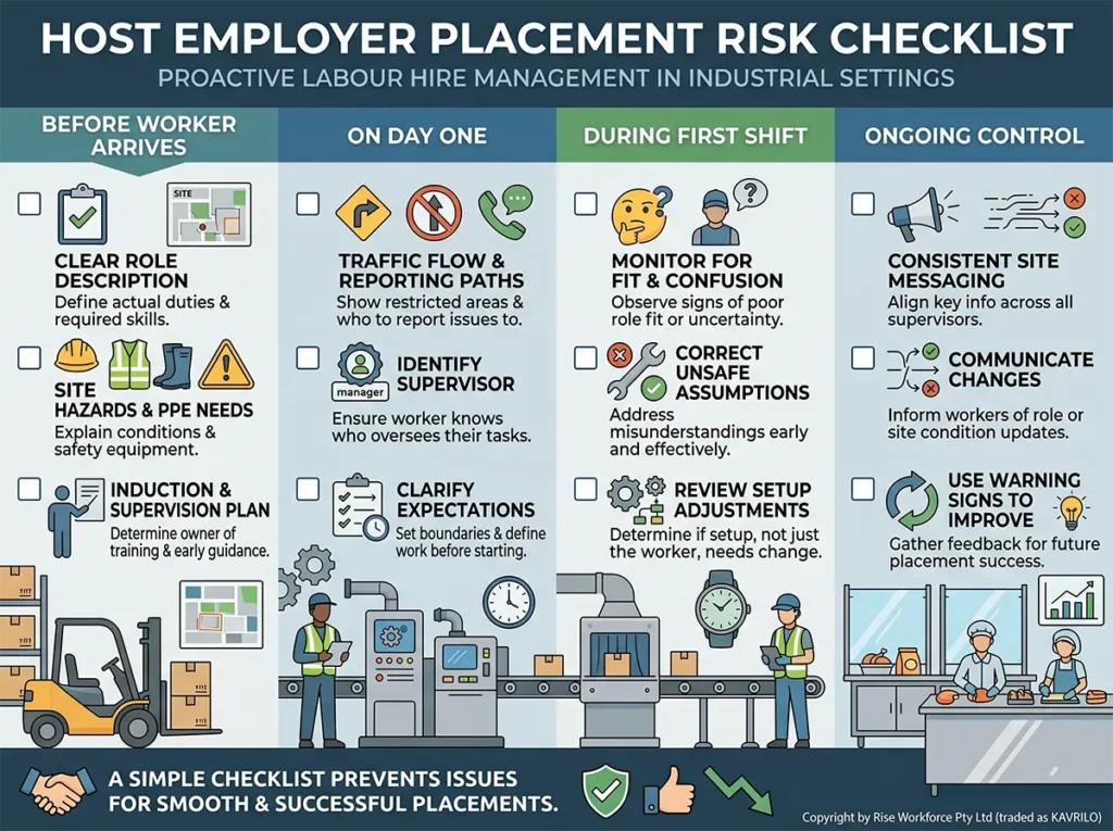 An illustrative professional infographic in a corporate style with a 4:3 aspect ratio, divided into four columns titled: 'BEFORE WORKER ARRIVES', 'ON DAY ONE', 'DURING FIRST SHIFT', and 'ONGOING CONTROL'. Each column contains a checklist with icons and key proactive steps for host employers of labour hire workers. The overall setting subtly includes illustrations of a warehouse, a factory floor, and a food production area, with workers in PPE. The top header reads 'HOST EMPLOYER PLACEMENT RISK CHECKLIST' and a tagline says 'PROACTIVE LABOUR HIRE MANAGEMENT IN INDUSTRIAL SETTINGS'. The image includes detailed adaptation of user text into actionable checklist items. The bottom right displays the copyright: 'Copyright by Rise Workforce Pty Ltd (traded as KAVRILO)'.