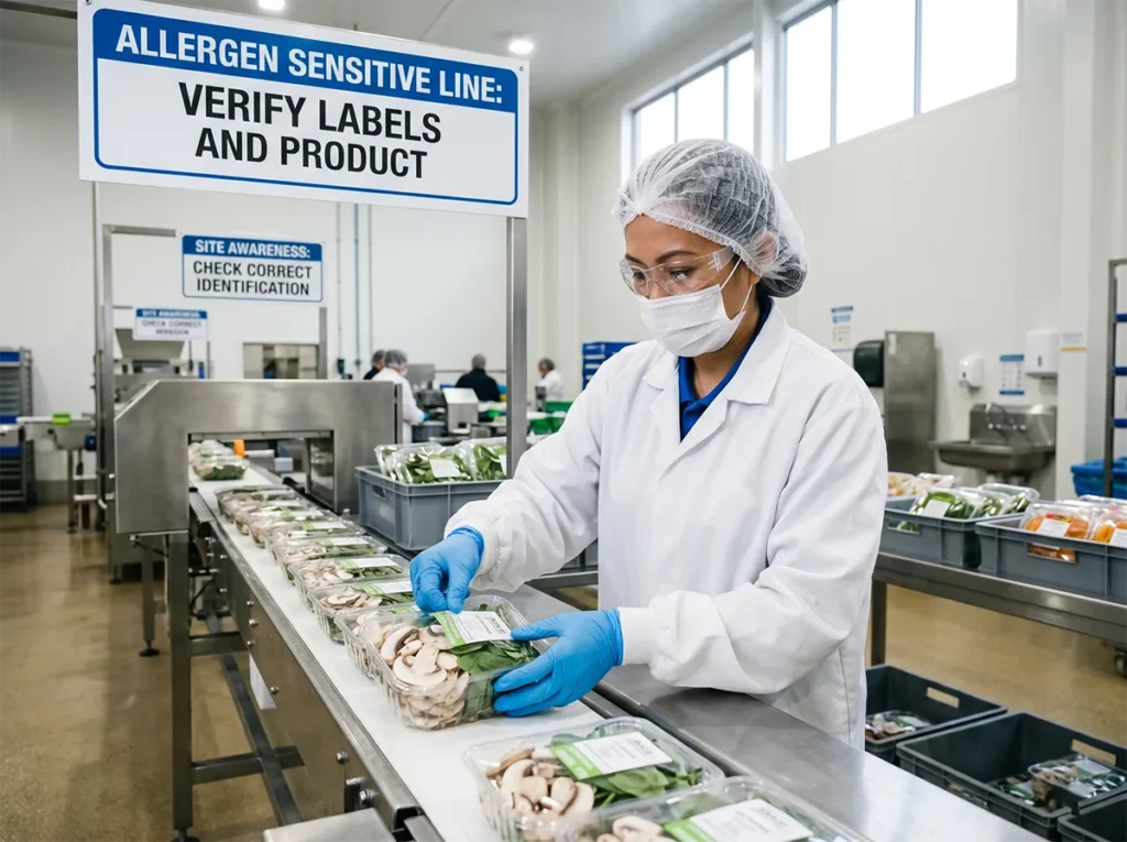 Workers handling packaged food carefully in a chilled production area in South-East Melbourne.