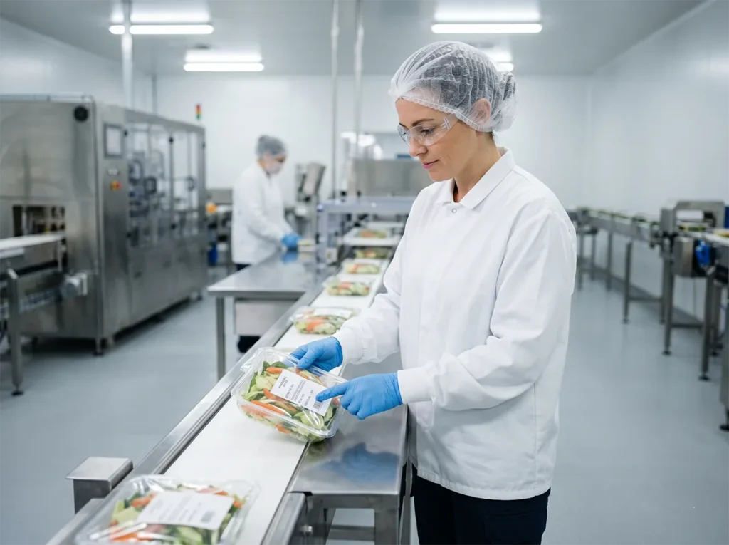 Food production worker checking product labels carefully in South-East Melbourne.