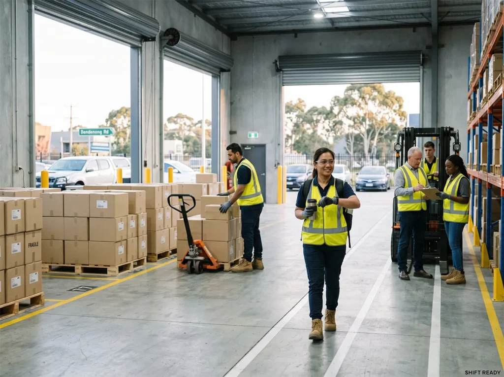 Warehouse workers showing reliable shift behaviour in South-East Melbourne.