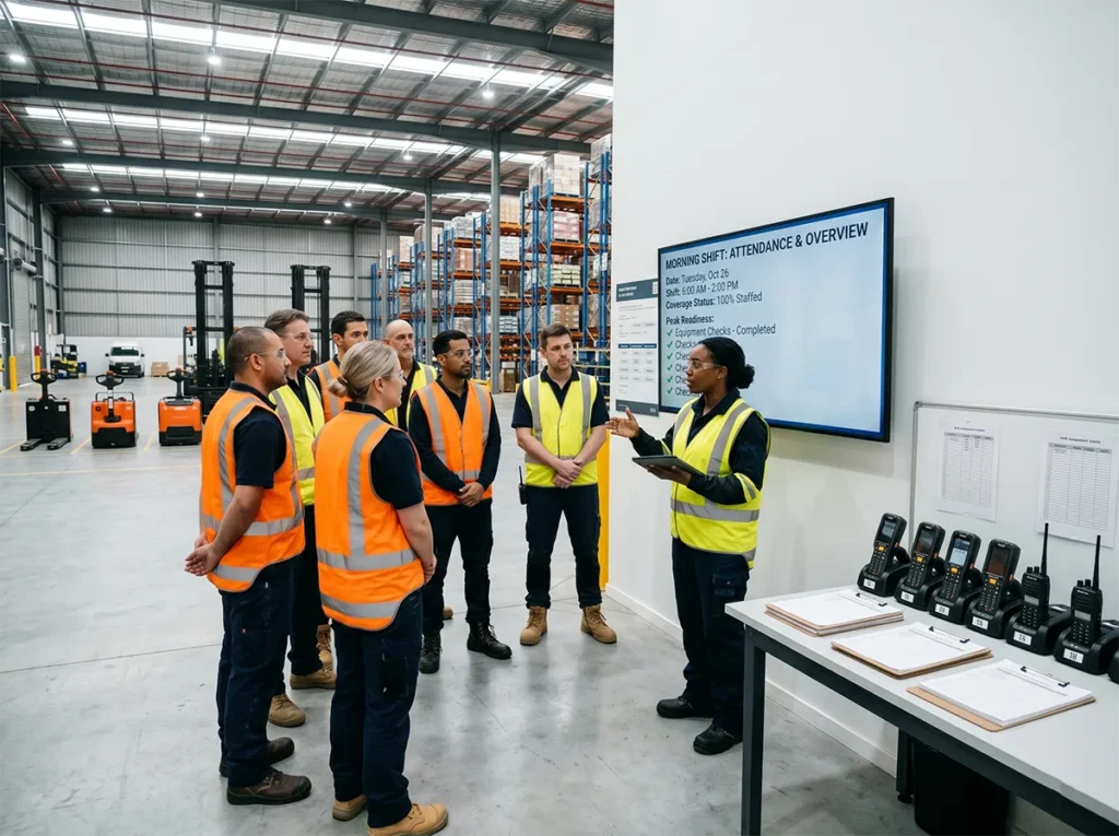 Workers preparing for a busy warehouse shift in South-East Melbourne.
