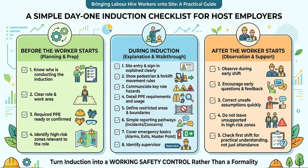 An infographic displaying a structured three-step checklist for host employers to induct labour hire workers. The three green, blue, and orange columns cover "Before the Worker Starts (Planning & Prep)", "During Induction (Explanation & Walkthrough)", and "After the Worker Starts (Observation & Support)". The image includes various icons representing tasks like assigning a conductor, role clarity, PPE checks, hazard identification, site rules, emergency procedures, post-start observation, and correcting assumptions for a practical understanding of workplace safety. The text emphasizes turning induction into an effective safety control rather than just a formality.