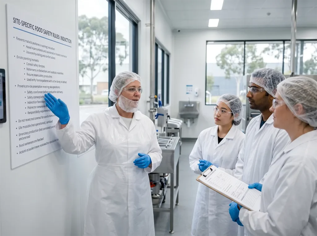 Supervisor explaining site-specific food safety rules in a South-East Melbourne food factory.