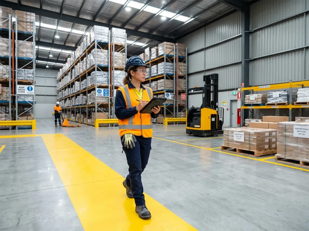 Supervisor reviewing floor discipline and housekeeping in South-East Melbourne.