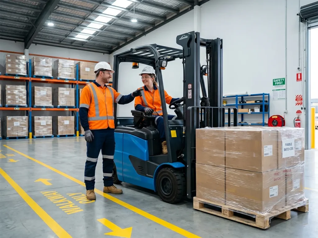 Supervisor supporting a temporary forklift operator during early shift in South-East Melbourne.