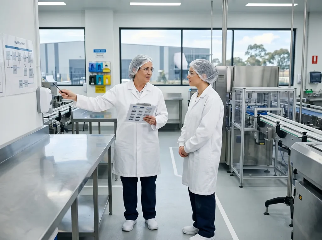 Supervisor explaining site rules to a new food production worker in South-East Melbourne.