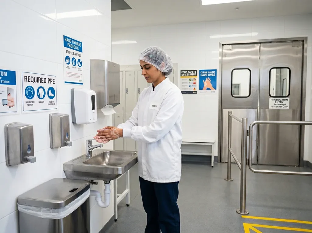 New food production worker completing hygiene entry and PPE checks in South-East Melbourne.