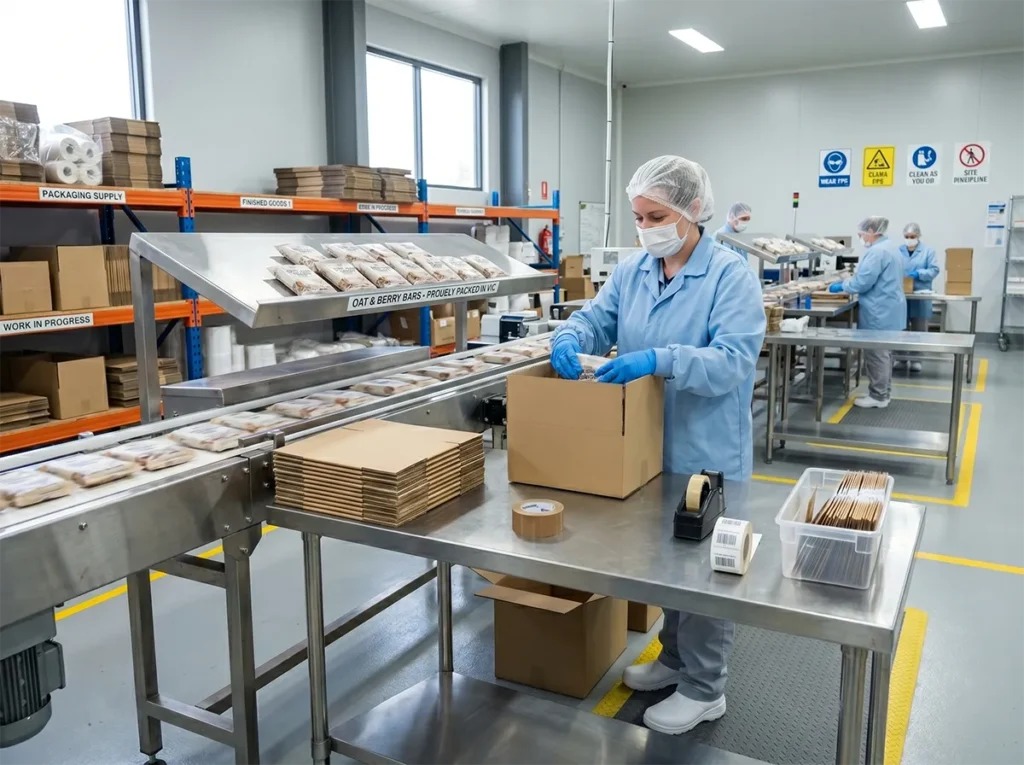 Tidy food production packing line workstation in South-East Melbourne.