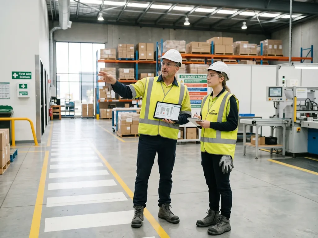 Supervisor conducting a day-one site induction for a labour hire worker in South-East Melbourne.