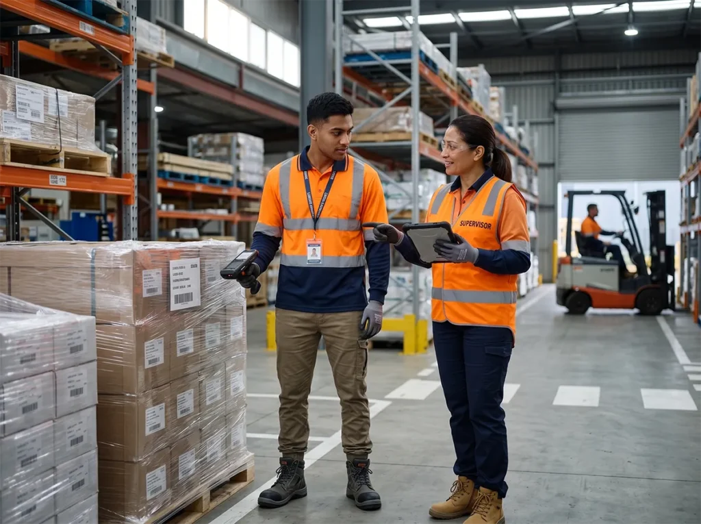 Supervisor supporting a labour hire worker during early shift in South-East Melbourne.