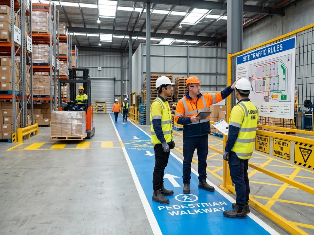 Labour hire worker being shown traffic and movement rules in a South-East Melbourne warehouse.