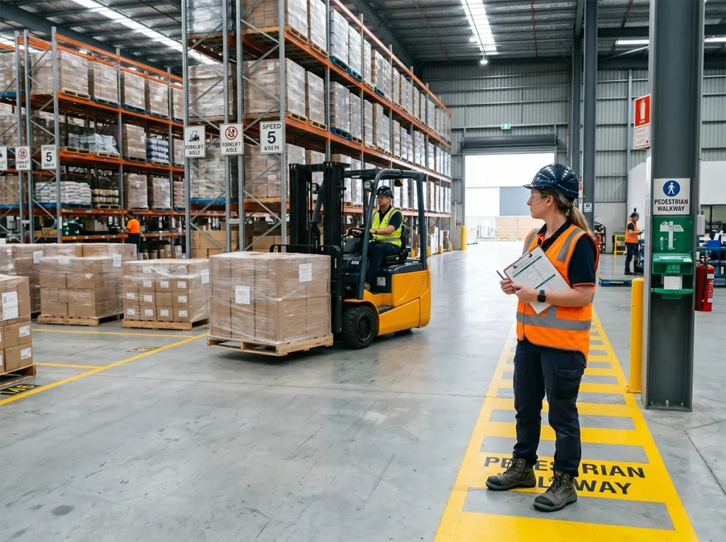 Supervisor visibly observing forklift movement during early shift in South-East Melbourne.