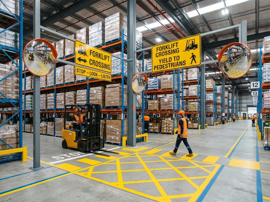 Controlled warehouse intersection with mirror and forklift warning signs in South-East Melbourne.