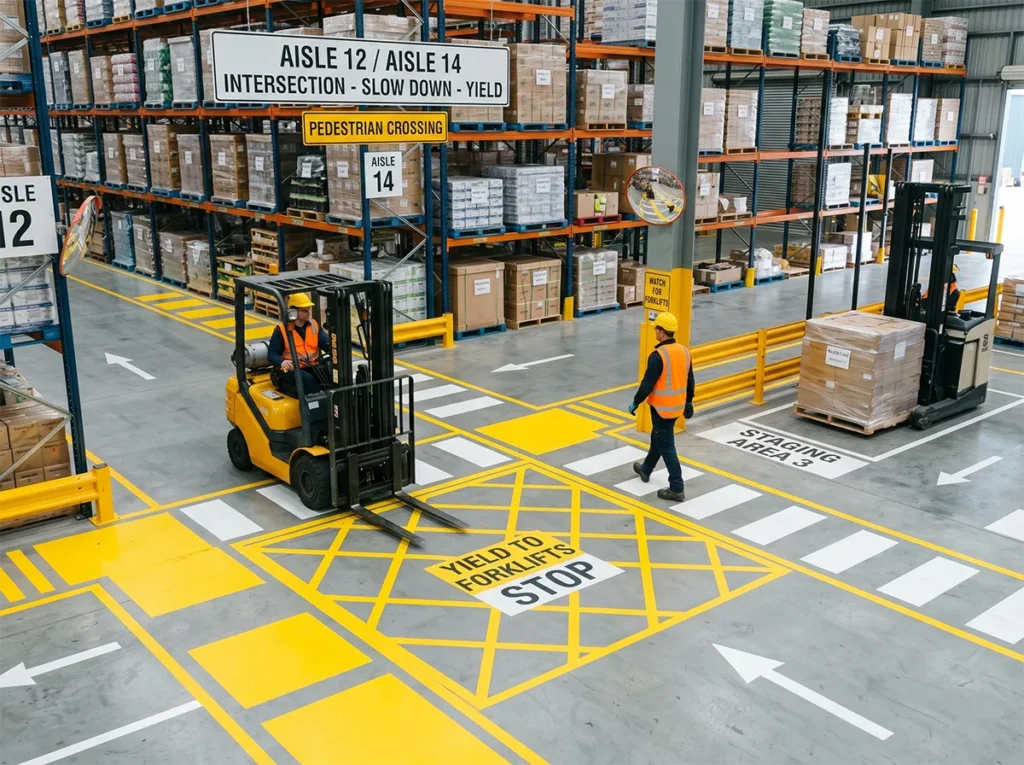 Warehouse crossing and visibility pressure point affecting forklift safety in South-East Melbourne.