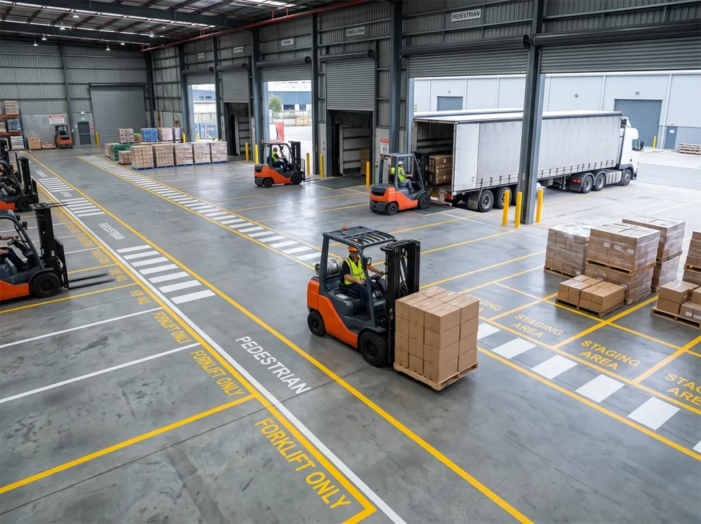 Warehouse dock approach layout influencing forklift movement in South-East Melbourne.