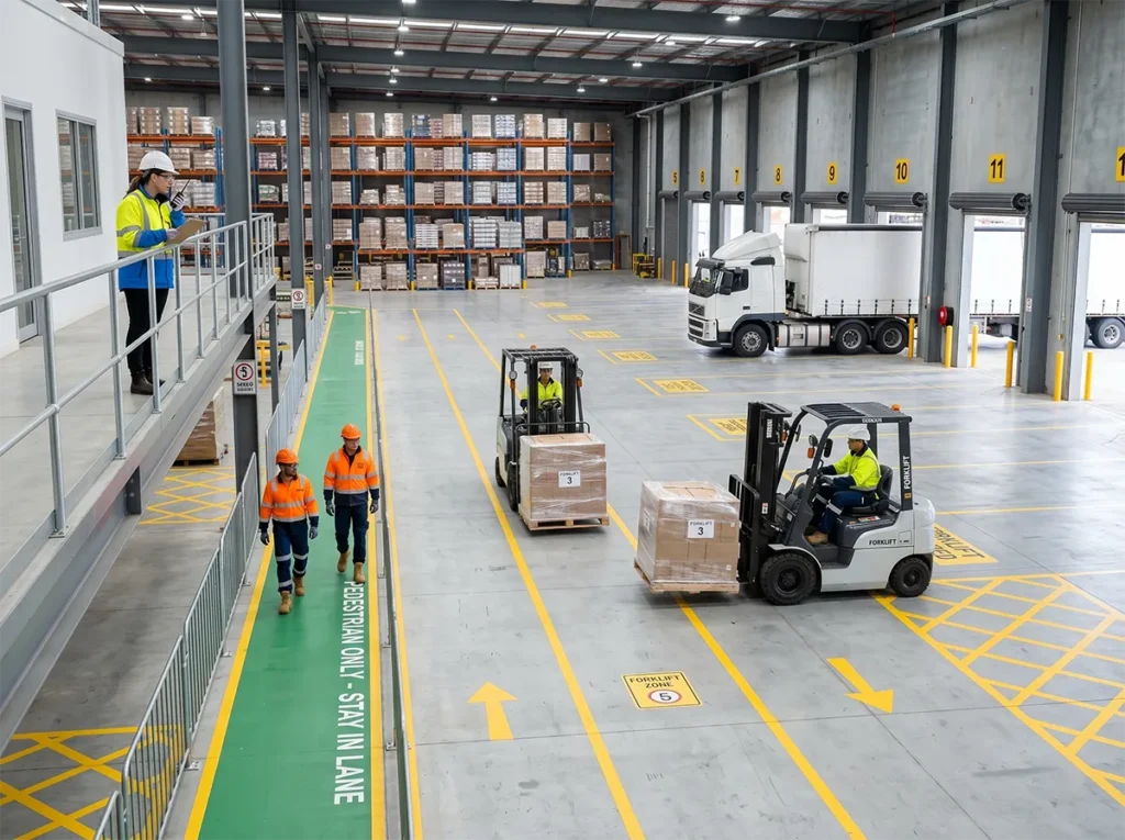 Well-controlled loading dock with forklifts and safe pedestrian separation in South-East Melbourne.