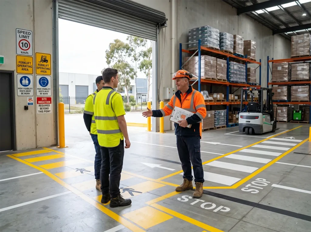 Supervisor explaining warehouse traffic rules to new workers in South-East Melbourne.