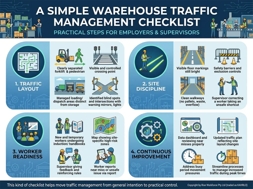 An infographic summarizing a traffic management checklist for warehouses and production facilities, detailing four key steps: Traffic Layout, Site Discipline, Worker Readiness, and Continuous Improvement, with illustrative icons for employers and supervisors.