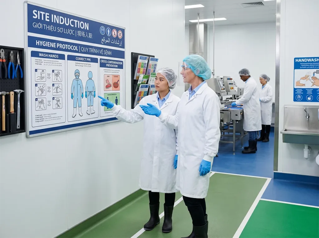 Multilingual worker receiving clear site guidance in food production.