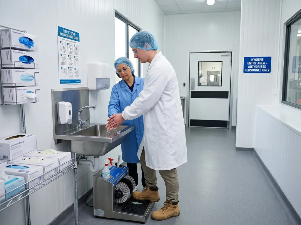 Worker being prepared for PPE and hygiene readiness in food production.
