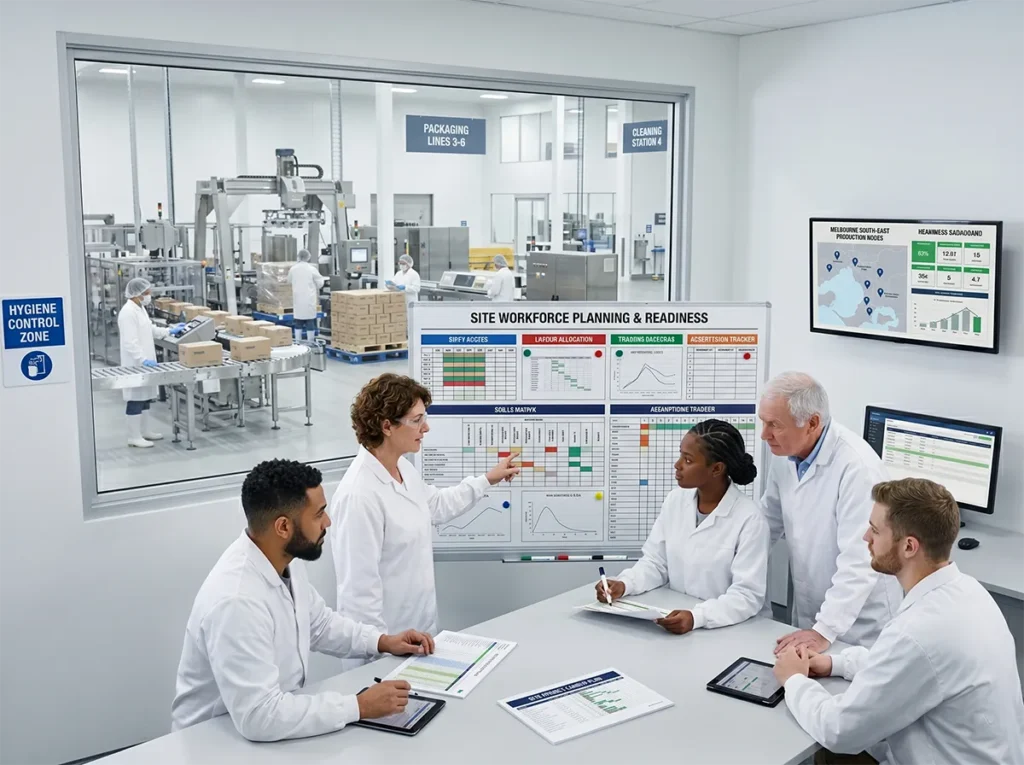 Workforce readiness discussion in a food production environment.