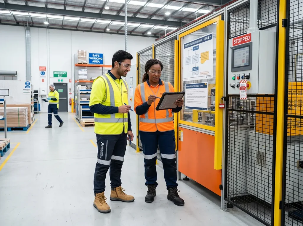 Supervisor and machine operator reviewing changed duties before unfamiliar work begins.