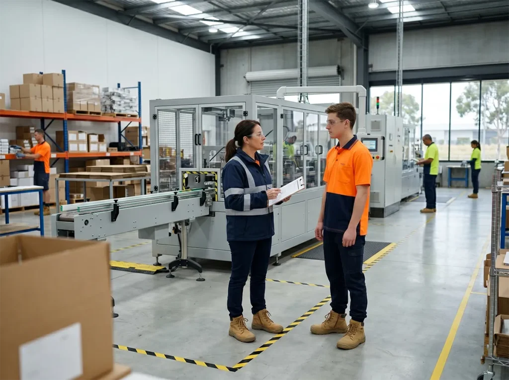 Supervisor giving first-shift induction to a new machine operator.