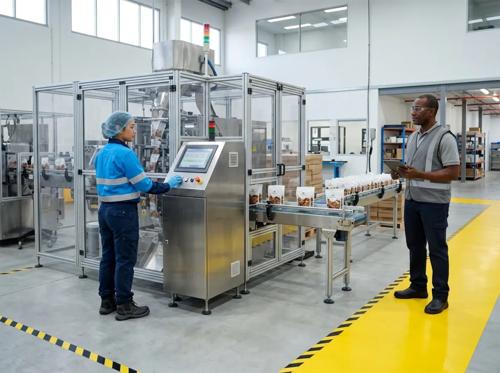 Machine operator working at guarded equipment with appropriate first-shift supervision.