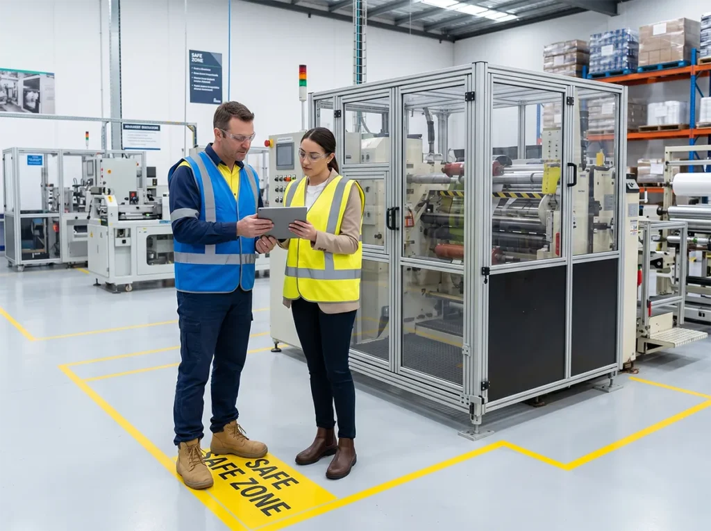 Supervisor and labour hire representative reviewing machine operator job requirements at a manufacturing site.