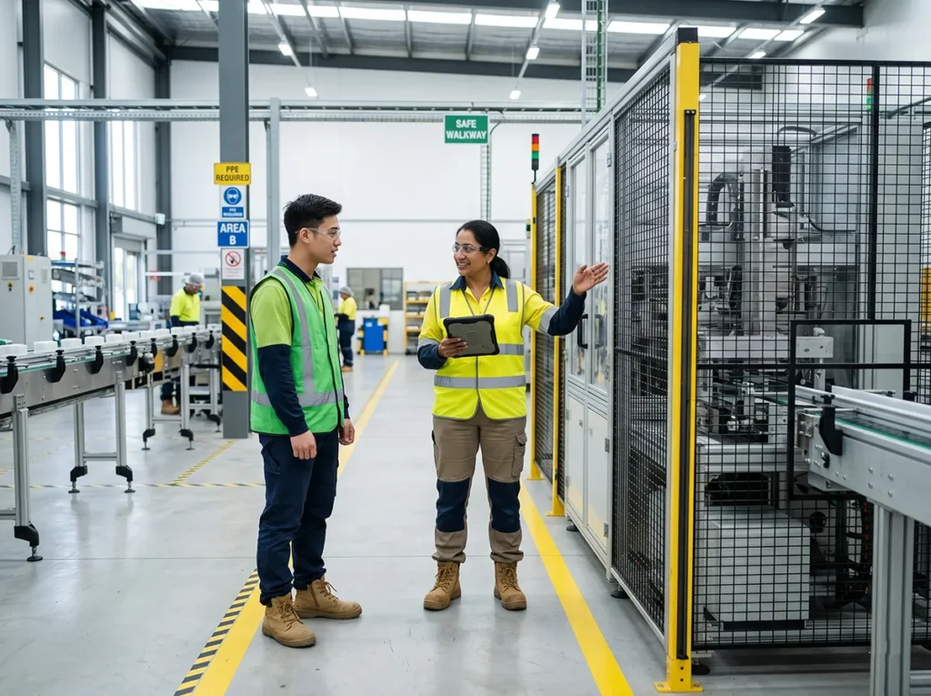 Machine operator in a clean Melbourne production environment wearing correct PPE.