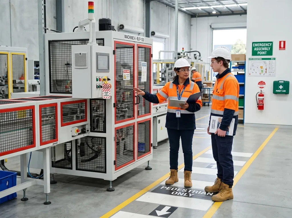 Supervisor providing a site-specific induction to a machine operator beside guarded equipment.